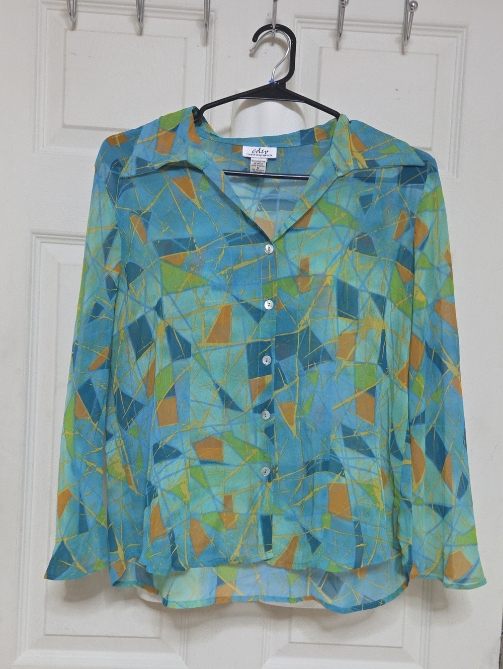 CDW Medium Sheer Button-Down Shirt Blue & Green C Blusa Medium Sz [1426]